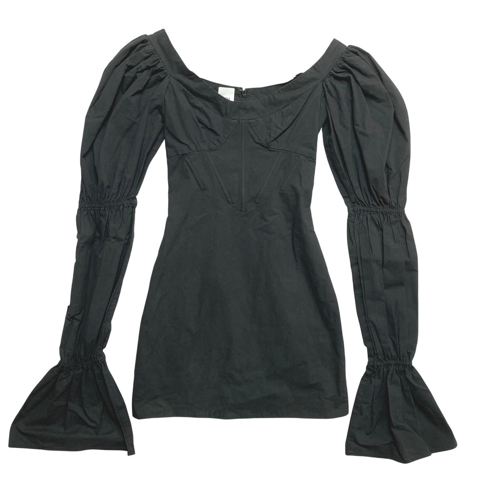 Natalie Rolt Kenzy Dress Womens 0 Black Long Puff Sleeve Corset Bodice Cotton